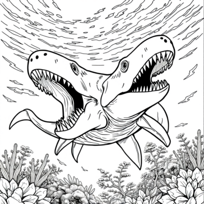 Coloring: Dinosaur – Megalodon is hunting dinosaurs in the sea